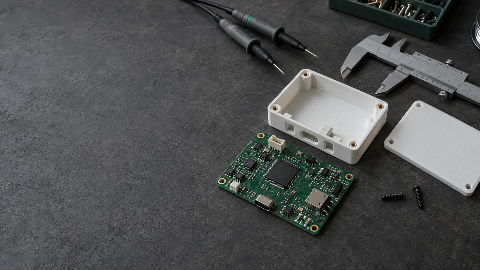 Illustration de prototypage : carte électronique, boîtier imprimé en 3D et outils de mesure