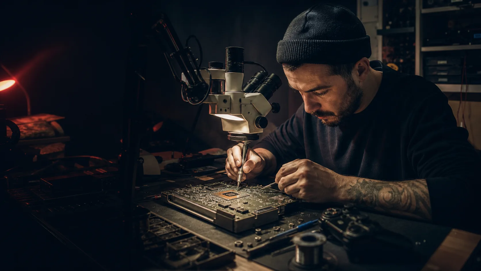 Technicien de L’Atelier Electro travaillant sous microscope à Reims