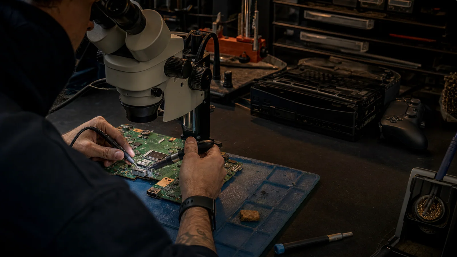 Réparation d’une console de jeux sous microscope