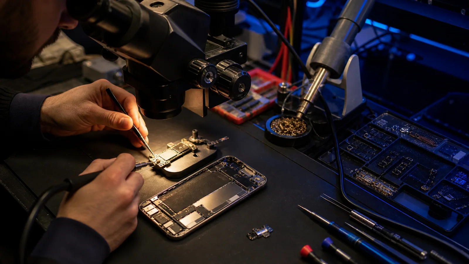 Diagnostic d’un smartphone sur un établi de réparation à Reims
