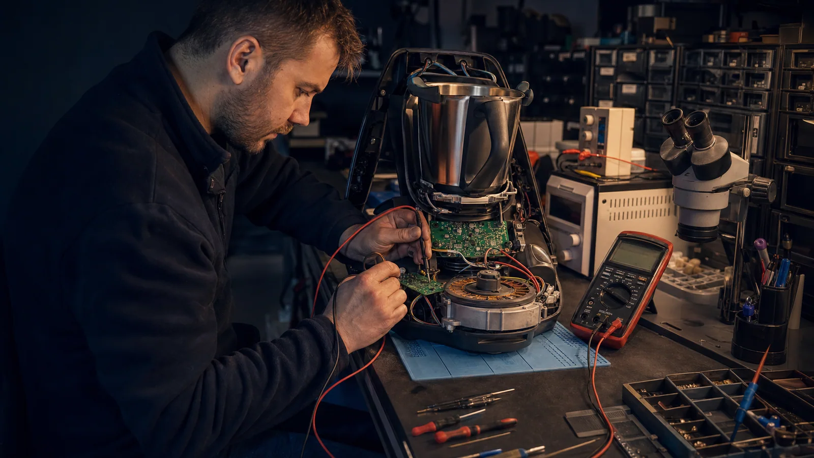 Mesures électroniques sur un robot cuiseur dans l'atelier de Reims