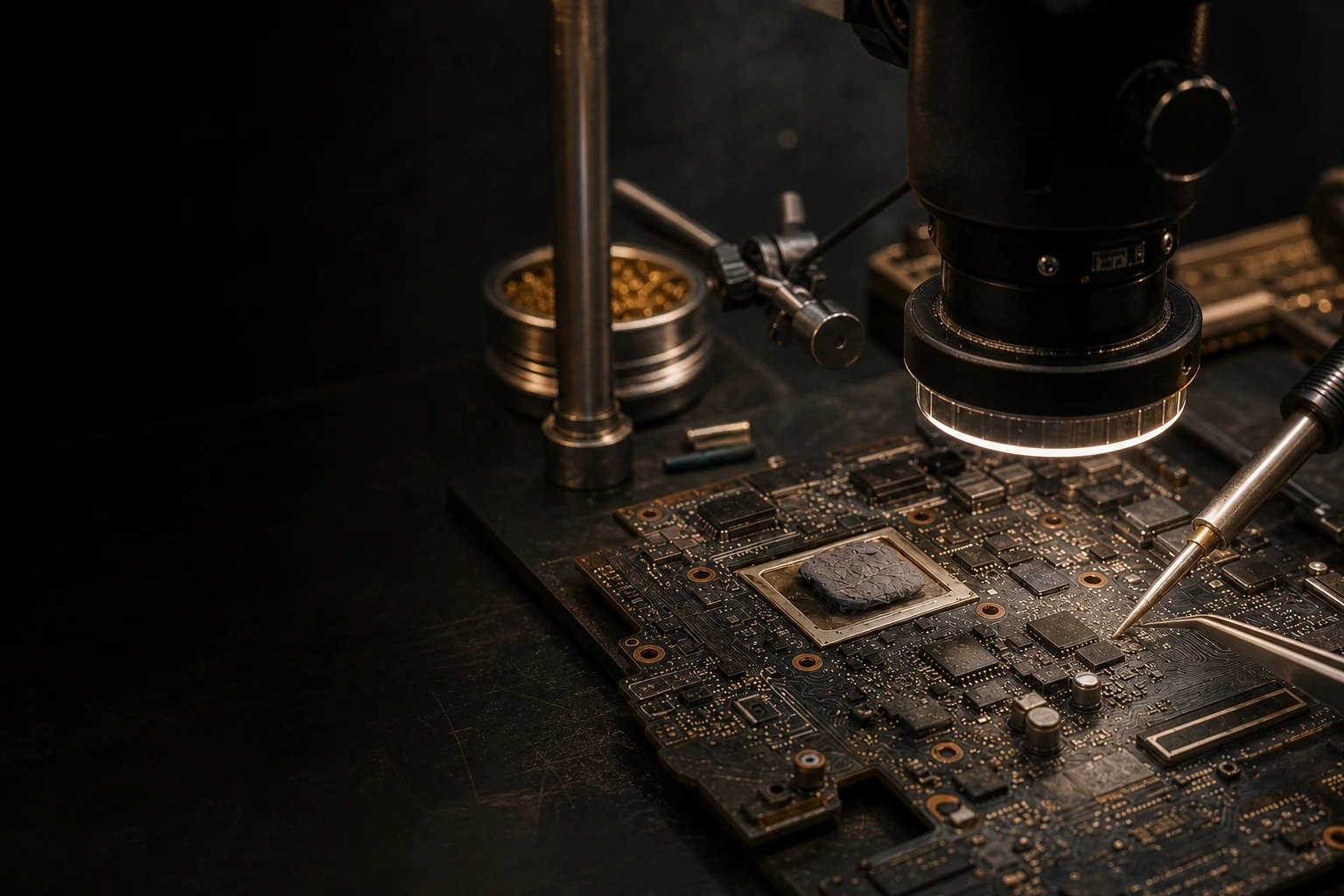 Carte mère examinée sous microscope dans l’atelier de réparation à Reims