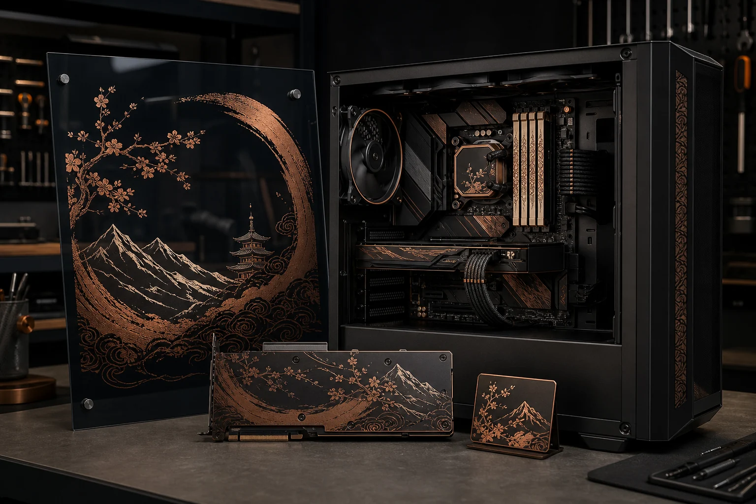 PC custom avec vitre, plaque GPU et composants coordonnés
