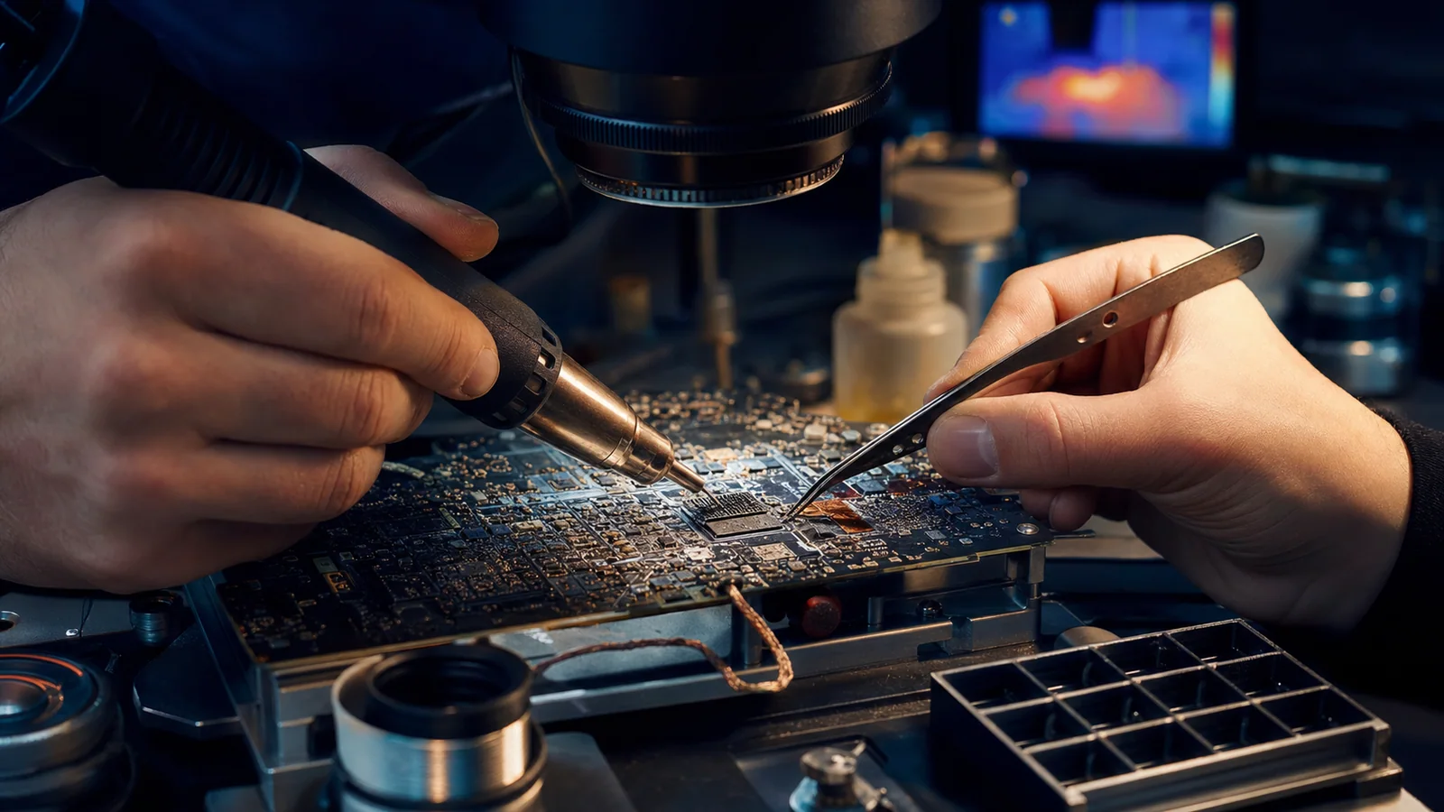 Remplacement d’une puce au microscope avec station à air chaud