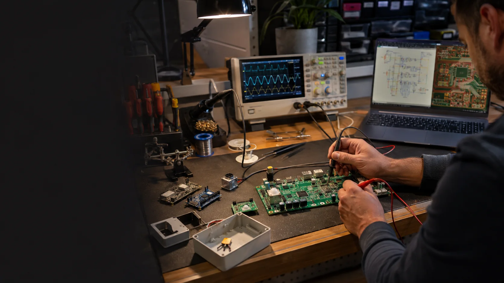 Ingénieur testant une carte électronique sur mesure devant un oscilloscope