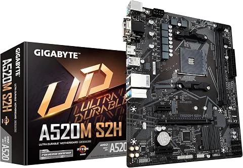 GIGABYTE Carte mère A520M S2H - Prend en Charge Les processeurs AMD Ryzen série 5000 AM4, VRM numérique Pur 4+3 Phases, jusqu'à 5100 MHz DDR4 (OC), PCIe 3.0 x4 M.2, LAN GbE, USB 3.