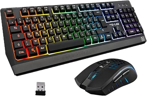 The G-Lab Combo Tungsten - Ensemble Clavier et Souris Gamer sans Fil Rétro Éclairés - Clavier Gaming Wireless AZERTy + Souris Wireless 2400 DPI - Pack pour PC PS4 PS5