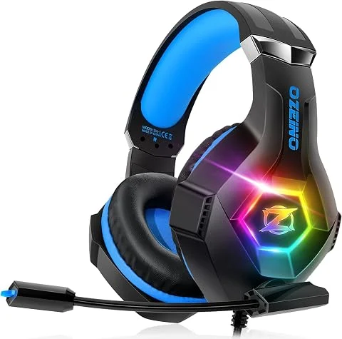 Ozeino Casque Gaming pour Ps5 PC Ps4, Casque Gamer pour Micro RGB 7 Couleurs Transducteurs 50mm Stéréo Basse Micro Anti-Bruit Réglable Compatible avec Switch Xbox Series X & S-Bleu