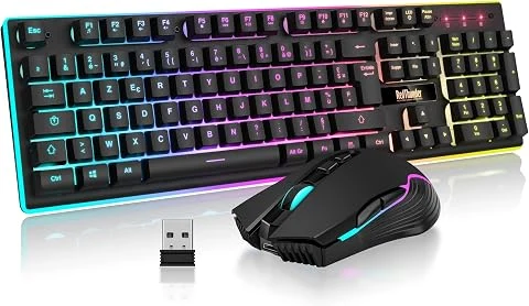 RedThunder K10 Ensemble Clavier et Souris Gaming sans Fil, AZERTY FRANÇAIS, Rétroéclairage LED 3800mAh Batteries Rechargeables, Clavier USB Anti-ghosting + Souris 7D 3200DPI pour P