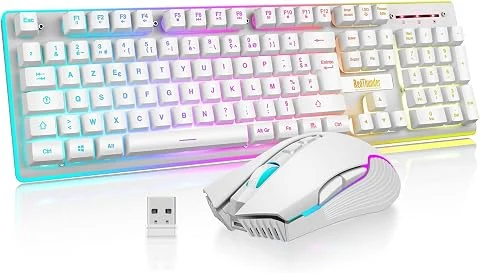 RedThunder K10 Ensemble Clavier et Souris sans Fil Gamer Rétroéclairé, AZERTY FRANÇAIS, 2,4 GHz Connexion + 3800mAh Batteries Rechargeables, Souris Gaming 3200DPI pour PC Mac PS5 X