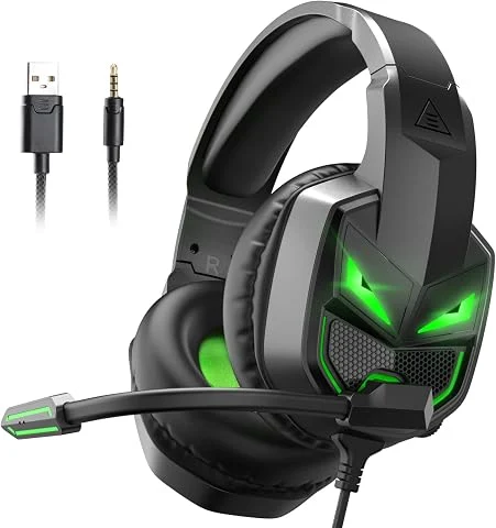EKSA Fenrir Casque Gaming à Réduction de Bruit avec Micro pour Xbox One PC PS4 PS5 Switch avec Lumière LED, 3D Stéréo Surround Casque Audio pour Prise 3,5MM, Noir Vert
