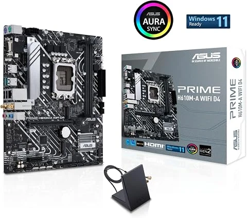 ASUS PRIME H610M-A WIFI D4 – Carte mère Intel H610 LGA 1700 mic-ATX (PCIe 4.0, DDR4, 2 x M.2, Intel 1 Gb Ethernet, WIFI 5, DisplayPort, HDMI, D-Sub, ports USB 3.2 Gen 2, SATA 6 Gb/