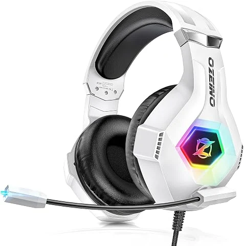 Ozeino Casque Gaming pour Ps5 PC Ps4, Casque Gamer pour Micro RGB 7 Couleurs Transducteurs 50mm Stéréo Basse Micro Anti-Bruit Réglable Compatible avec Switch Xbox Series X & S-Blan