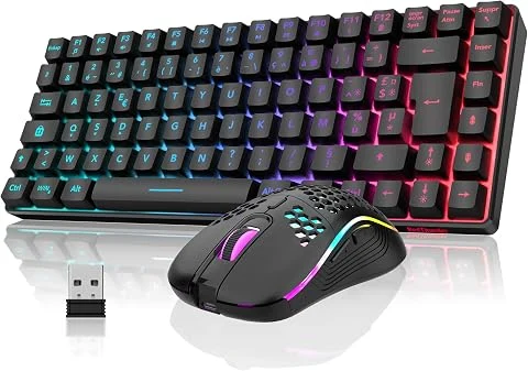 RedThunder K84 Combo Clavier et Souris USB sans Fil Gamer, AZERTY Français, Batterie Rechargeable RVB Rétroéclairée, Clavier TKL à 75% et Souris Optique Légère en Nid d'abeille 320