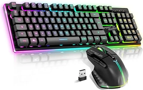 Spirit of Gamer, Pack Clavier Souris sans Fil Gamer Rechargeable RGB, Structure Aluminium, AZERTY FR Rétroéclairé, Gaming Keyboard Semi Mécanique, Wireless Mouse 4800 DPI, PS4/PS5,