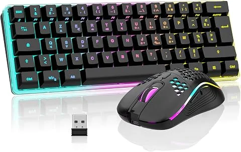 RedThunder K62 60% Clavier et Souris de Jeu sans Fil RVB，AZERTY FRANÇAIS 62 Touches Mini-Clavier Rétroéclairé Ultra-Compact，Souris Optique Cellulaire Légère，kit Portable pour PC PS