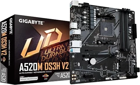 GIGABYTE Carte mère A520M DS3H V2 - Prend en Charge Les processeurs AMD Ryzen série 5000 AM4, jusqu'à 4733 MHz DDR4 (OC), PCIe 3.0 x16, LAN GbE, USB 3.2 Gen 1