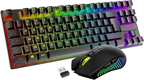 Akuma Sentai C03 – Clavier Souris sans Fil Gaming – Pack TKL AZERTY Français + Souris Gamer 3200 DPI – Rechargeables, RGB, 2,4 GHz – Compatible PC, PS5, PS4 – Noir