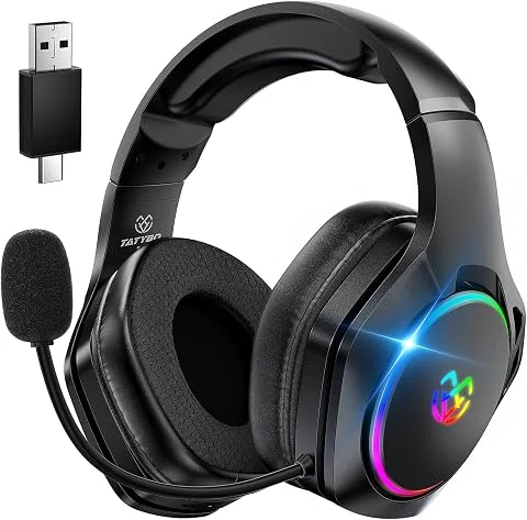 Tatybo Casque Gaming sans Fil, Casque avec Micro Bruit Environnemental, 7.1 Son Surround, Batterie de 35H, Transducteurs 50mm, Oreillettes Respirantes, Casque Gamer pour Ps5 PC Ps4