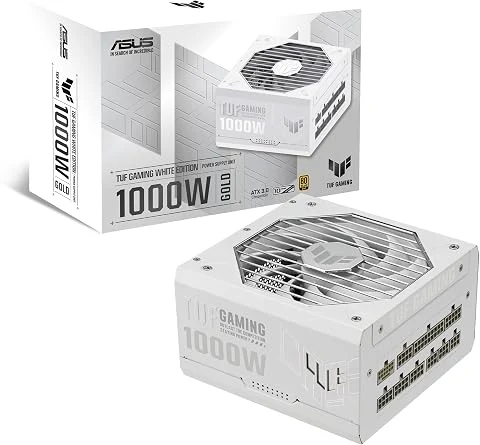 ASUS TUF Gaming 1000W Gold White Edition, Alimentation entièrement modulable, 80+ Gold, ATX 3.1, PCIE 5.1, Ventilateurs axiaux à Double roulement à Billes, Revêtement Protecteur PC