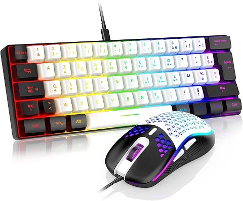 RedThunder 60% Ensemble Clavier et Souris 2-en-1 Gamer, AZERTY FRANÇAIS, Mini Clavier Ultra-Compact Rétroéclairé RGB 62 Touches, Souris Légère 6 Boutons 7200 DPI pour PC Mac PS5 Xb
