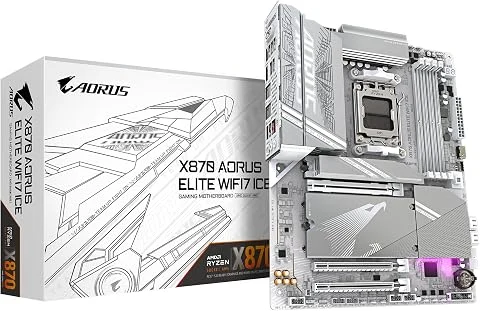 GIGABYTE Carte mère X870 A Elite WIFI7 Ice - Prend en Charge Les processeurs AMD Ryzen 9000, VRM numérique 16+2+2 Phases, jusqu'à 8000MHz DDR5 (OC), 3xPCIe 5.0, Wi-FI 7, LAN 2.5GbE