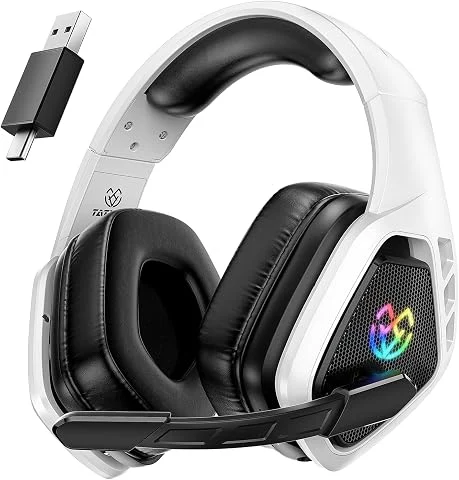 Tatybo Casque Gaming sans Fil pour PC, Ps5, Ps4, 2,4 GHz USB et Type-C avec Microphone, Batterie 40H, Casque Bluetooth pour Switch, Ordinateur Portable, Mobile, Mac, Noir et Blanc