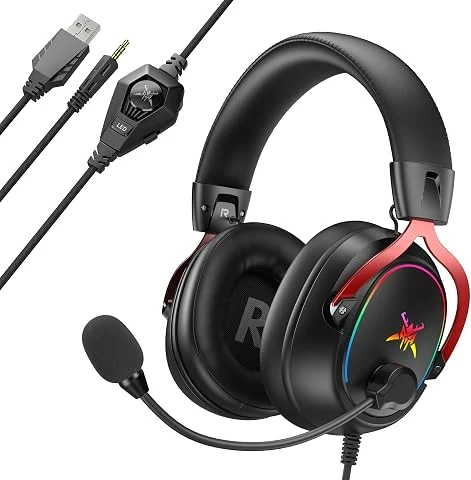 TECKNET Casque Gaming avec Fil et Micro, Casque Gamer pour Xbox Series X/S, Xbox One, PS5, PS4, PC, Casque PC Son Stéréo Basses 50mm, Micro Anti-Bruit, LED, Confort Over-Ear Ajusta