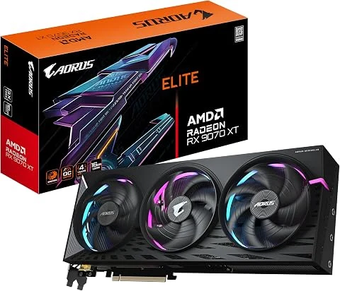 GIGABYTE AORUS Radeon RX 9070 XT Elite 16G Carte Graphique - 16 Go GDDR6, 256 Bits, PCI-E 5.0, 3100 MHz Fréquence du Cœur, 2 x DisplayPort, 2 x HDMI, GV-R9070XTAORUS E-16GD
