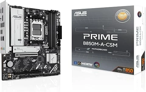 ASUS Prime B850M-A-CSM, Carte mère AMD mATX, Emplacement DDR5, PCIe 5.0 prêt, 3 emplacements M.2, Ethernet Realtek 2,5 Go, DisplayPort, HDMI, USB-C Avant 5 Gbps, BIOS Flashback, Au