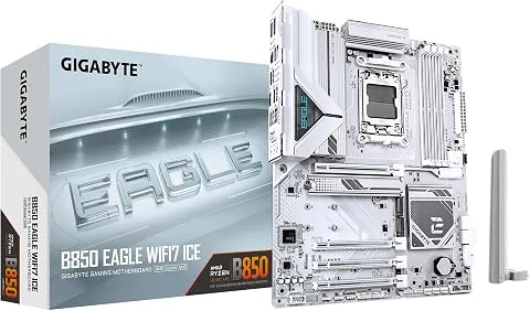 GIGABYTE B850 Eagle WIFI7 Ice Carte mère - Processeurs AMD Ryzen série 9000, VRM numérique 8+2+2 Phases, jusqu'à 8200 MHz DDR5 (O.C.), 1x M.2 PCIe 5.0 + 2X M.2 PCIe 4.0, Wi-FI 7, L