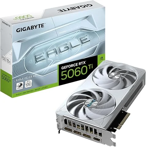 GIGABYTE GeForce RTX 5060 Ti Eagle OC Ice 8G Carte Graphique – 8 Go GDDR7, 128 Bits, PCI-E 5.0, 2617 MHz Fréquence du processeur, 3 x DisplayPort, 1 x HDMI, GV-N506TEAGLEOC ICE-8GD