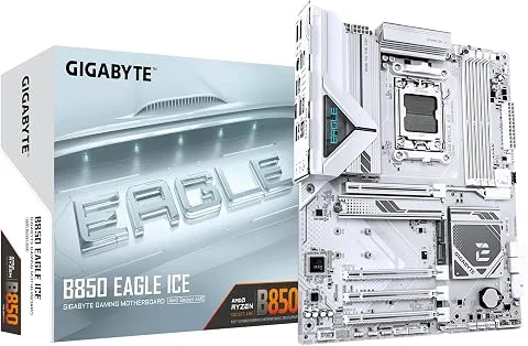 GIGABYTE B850 Eagle Ice Carte Mère – Processeurs AMD Ryzen série 9000, VRM numérique 8+2+2 Phases, Jusqu’à 8200 MHz DDR5 (O.C), 1 x M.2 PCIe 5.0 + 2 x M.2 PCIe 4.0, LAN 2.5 GbE, US