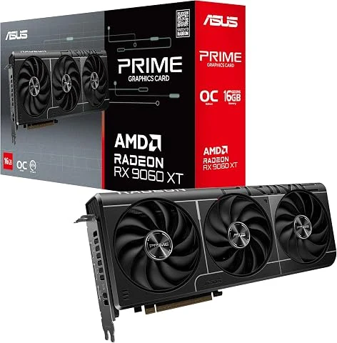 ASUS Prime Radeon RX 9060 XT 16GB GDDR6 OC Edition – Carte Graphique (PCIe 5.0, HDMI, DisplayPort 2.1, 2.5 Slot, Ventilateurs axiaux, revêtement Protecteur PCB, Dual BIOS, GPU Guar