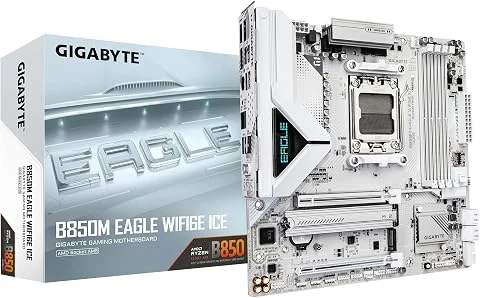 GIGABYTE B850M Eagle WIFI6E Ice Carte Mère – Processeurs AMD Ryzen série 9000, VRM numérique 8+2+2 Phases, Jusqu’à 8200 MHz DDR5 (OC), 1 x M.2 PCIe 5.0 + 1 x PCIe 4.0, Wi-FI 6E, LA