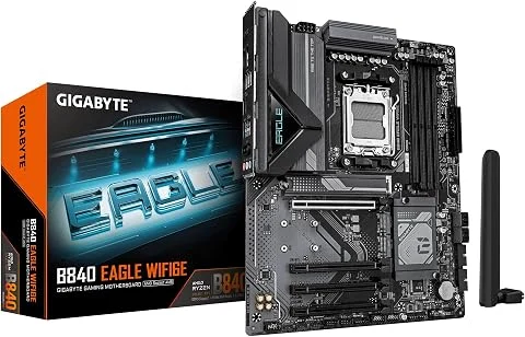 GIGABYTE B840 Eagle WIFI6E Carte Mère - Processeurs AMD Ryzen 9000, VRM 8+2+2 Phases, Jusqu’à 8200MHz DDR5(O.C), 2xPCIe 4.0 + 1xPCIe 3.0 M.2, Wi-FI 6E, LAN 2.5GbE, USB 3.2 Gen 2