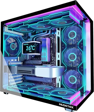 MUSETEX Y6 Boîtier PC, 7 Ventilateurs ARGB PWM Infinity Mirror préinstallés, Vue 270° en Verre Trempé, Connectique Type-C, Boîtier PC Gamer Mid-Tower ATX, Noir