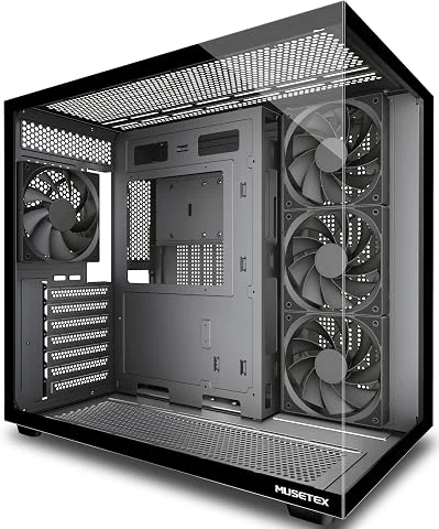 MUSETEX Y6 Boîtier PC, 4 Ventilateurs Non-LED préinstallés, Vue 270° en Verre Trempé, Connectique Type-C, Boîtier PC ATX Mid-Tower, Noir