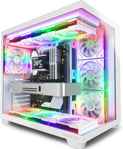 MUSETEX Y6 Boîtier PC, 7 Ventilateurs ARGB PWM Infinity Mirror préinstallés, Vue 270° en Verre Trempé, Connectique Type-C, Boîtier PC Gamer Mid-Tower ATX, Blanc