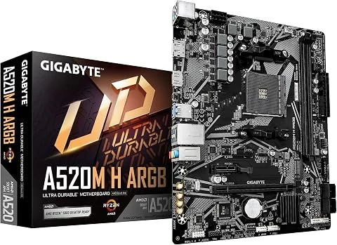 GIGABYTE A520M H ARGB Carte Mère – Compatible avec processeurs AMD Ryzen Série 5000, Jusqu’à 5100 MHz DDR4 (OC), M.2 PCIe 3.0 x4, LAN 1 GbE, USB 3.2 Gen 1