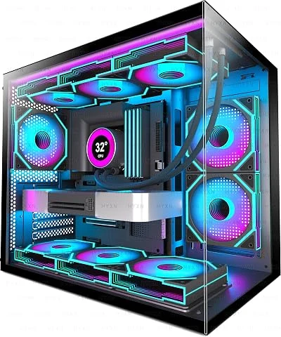 H3(2026) Boitier PC ATX– Préinstallé 6 Ventilateurs PWM ARGB Miroir Infini, Supporter radiateur 360 mm,Boîtier PC ATX à Double Chambre Mid Tower, avec Type -C 3.2 (Noir)