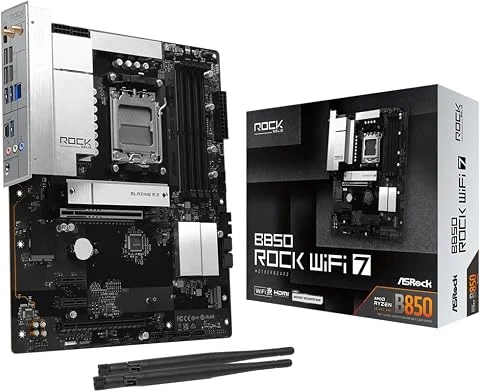 ASRock Carte mère B850 Rock WiFi 7 Socket AM5 ATX, Prend en Charge AMD Ryzen 9000/8000/7000 Series, DDR5 8000+ (OC), PCIe 5.0, WiFi 7, 2.5G LAN