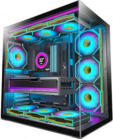 H1 ATX Boitier PC – 7 Ventilateurs PWM ARGB Miroir Infini préinstallés, boîtier de PC de Jeu à Double Chambre, avec Type-C, Installation simultanée de 3 radiateurs de 360 mm (Black