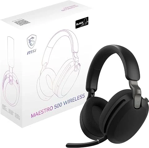 MSI Maestro 500 Wireless Black Casque sans Fil, réduction Active du Bruit, Connexion 2,4 GHz, Bluetooth 5.4 ou Jack 3,5 mm, H-P de 40 mm, Micro rétractable « Flip-to-Mute », autono
