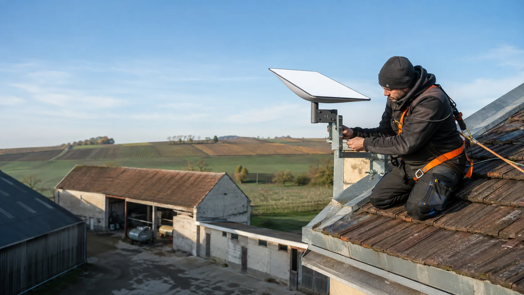 Technicien installant une antenne internet satellite sur le toit d'une exploitation rurale