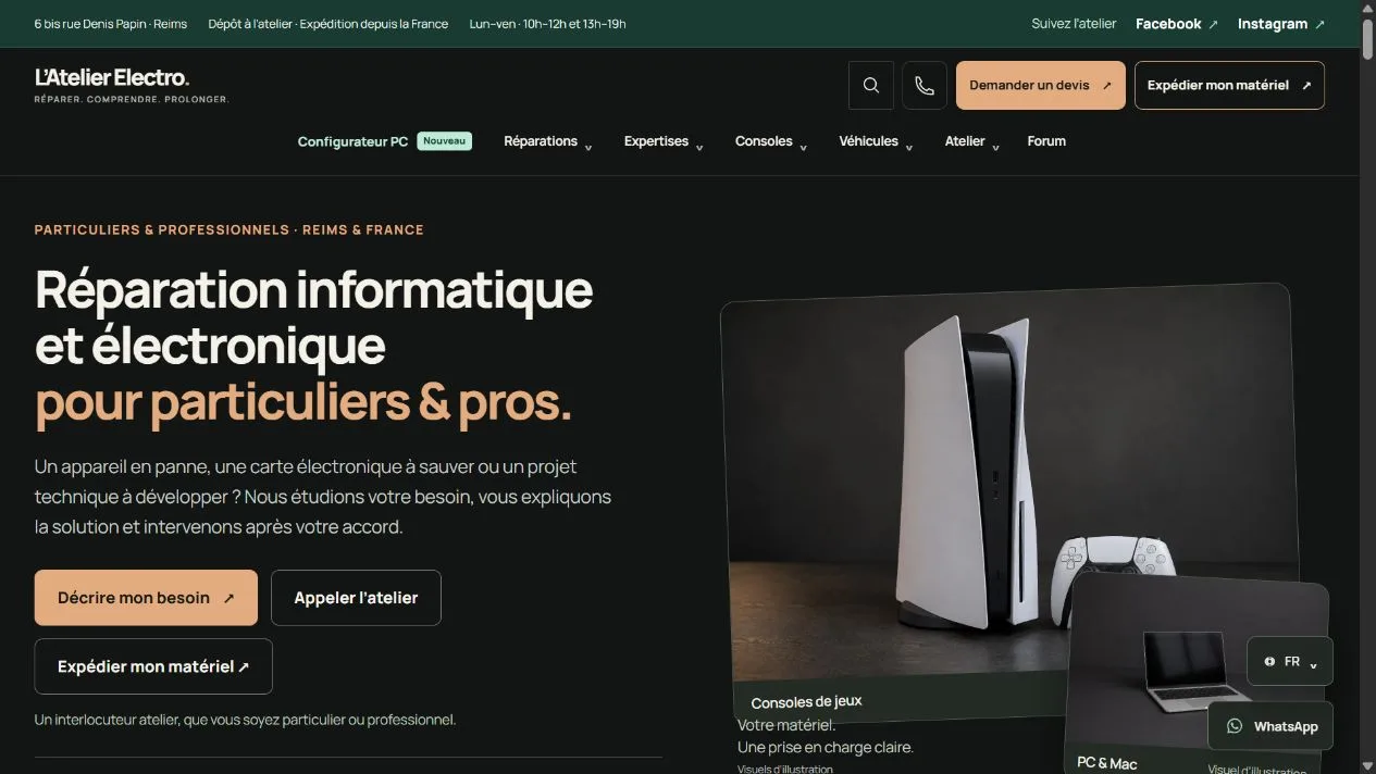 Capture de la page d’accueil du site de L’Atelier Electro, exemple consultable